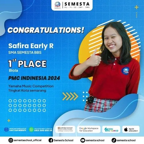 Poster ucapan selamat untuk siswi juara 1 biola PMC Indonesia 2024